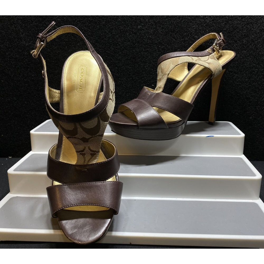 Coach Dita‎ A2744 Brown Fabric Logo Strap High Heel Size 9.5 Gold Accents Buckle